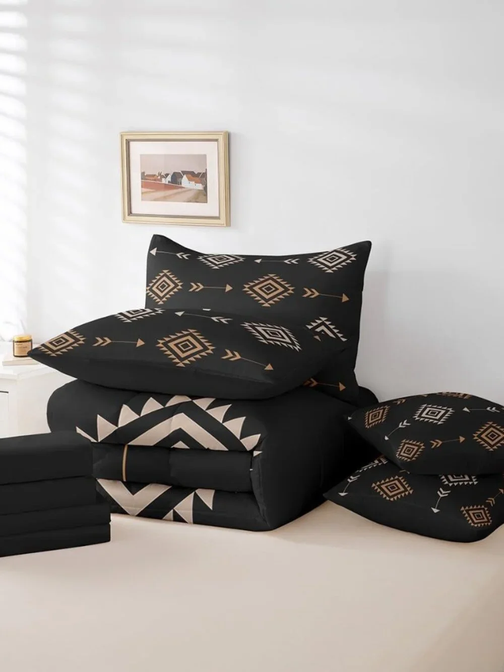 Boho Western Comforter Set with Sheets Brown Black Southwestern Aztec Tribal Que